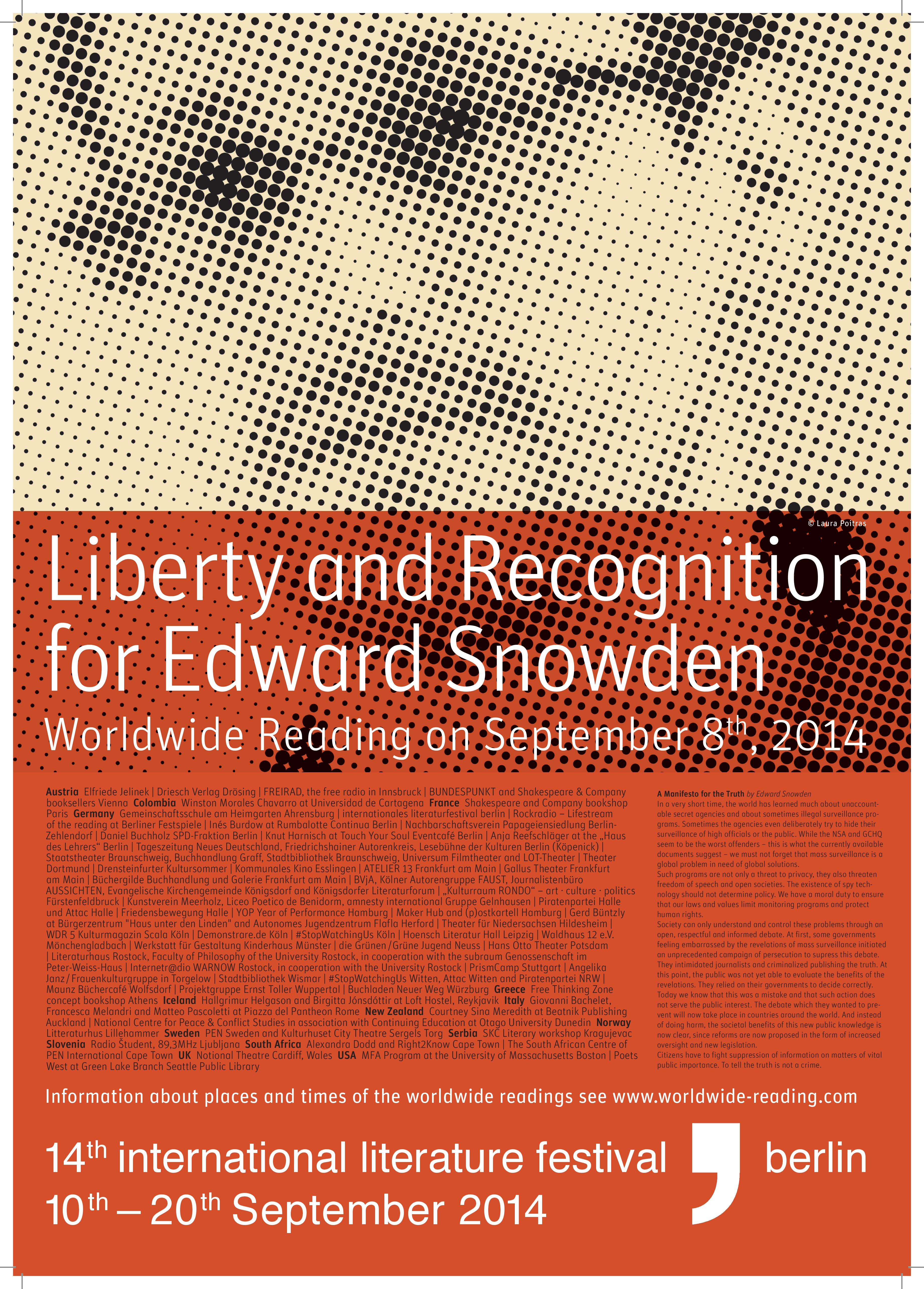 Plakat der Weltweiten Lesung "Liberty and Recognition for Edward Snowden"