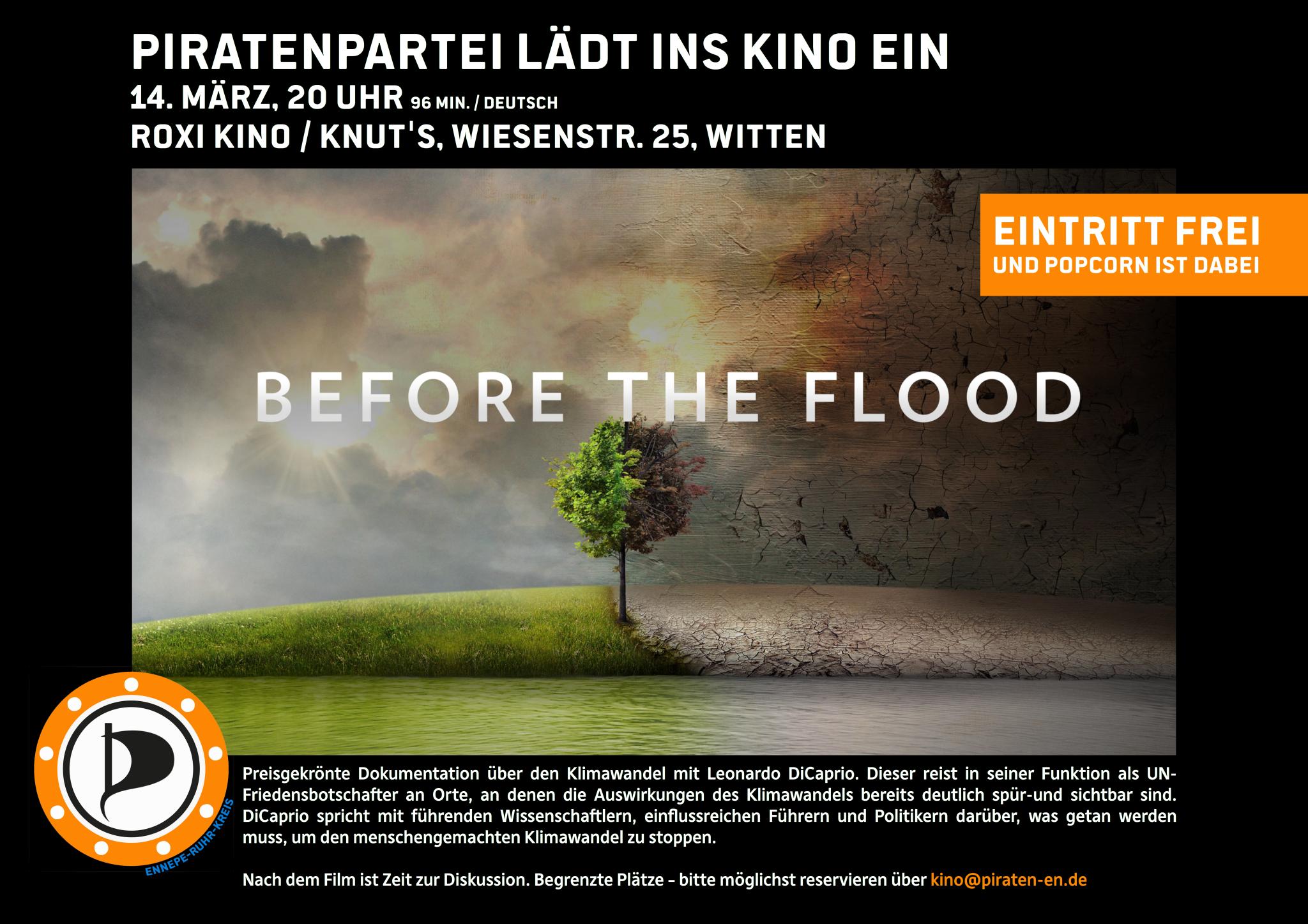 Veranstaltungsplakat für das Piratenkino „Before the Flood“