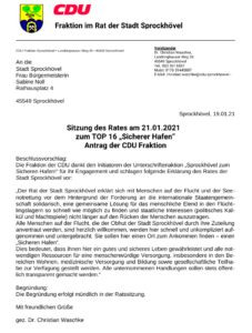 Antrag der CDU-Fraktion Sprockhövel mit der Umdeutung des Begriffs Sicherer Hafen